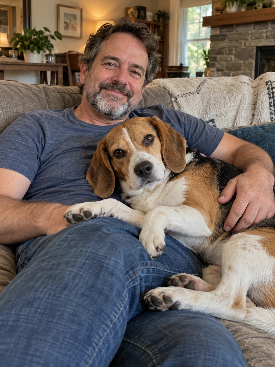 Illustrative photo of fictional Dave relaxing with Biscuit the beagle on his lap